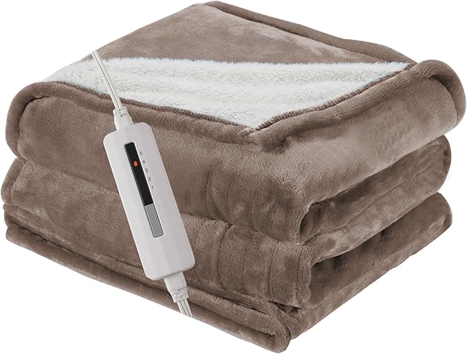 50"x60" Heated Electric Blanket Throw Thickened Flannel and Sherpa Heated Blanket,3 Hours Timer Auto-Off & 5 Heating Levels,for Bedroom Office Couch-Camel