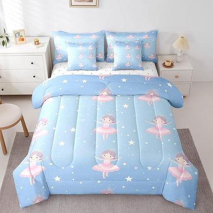 Feelyou Ballet Bedding Set, 7 Piece Star Pattern Comforter Set with Sheets for Kids, Teens, Toddlers Dancing Girl Bed in a Bag, King Size