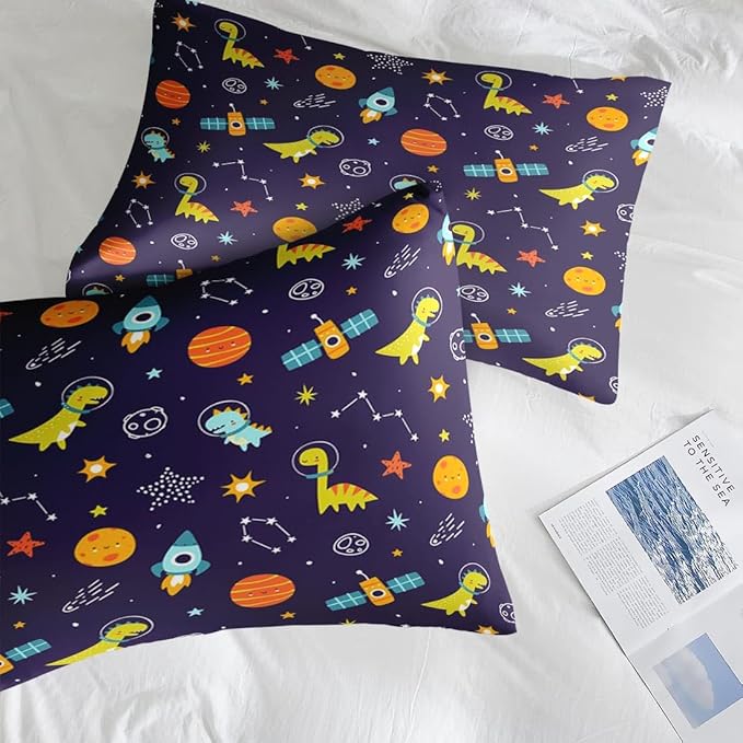 Comforter Set Queen Size, Space Astronaut Dinosaur 7 Pcs Bedding for Kids and Adults, Funny Galaxy Dino Planet Bed Sheet Sets with Fitted Sheet 2 Pillowcases & 2 Shams for Bedroom Bed Decor