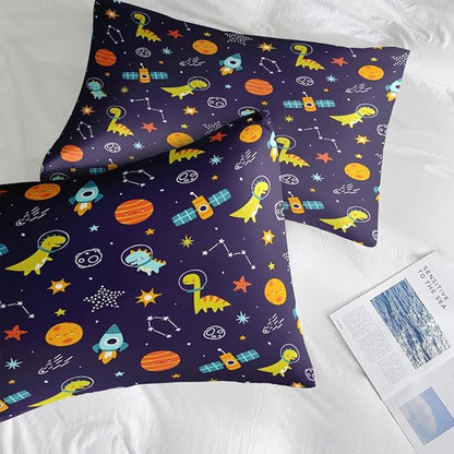 Comforter Set Queen Size, Space Astronaut Dinosaur 7 Pcs Bedding for Kids and Adults, Funny Galaxy Dino Planet Bed Sheet Sets with Fitted Sheet 2 Pillowcases & 2 Shams for Bedroom Bed Decor