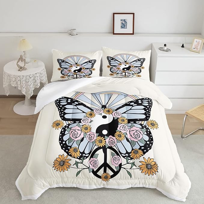 CVHOUSE Butterfly Bedding Set,Butterfly Comforter Full,Butterfly Comforter Set for Girls Kids Teens,Butterflies Quilt Set with 1 Comforter and 2 Pillow Cases- 3 Piece