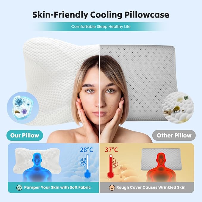 Smug Cervical Neck Pillow, Cooling Ergonomic Memory Foam Pillows for Neck Pain Relief with Breathable Pillowcase, Dual Height Orthopedic Support Contour Pillow for Side, Stomach Sleepers, White