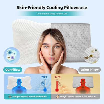 Smug Cervical Neck Pillow, Cooling Ergonomic Memory Foam Pillows for Neck Pain Relief with Breathable Pillowcase, Dual Height Orthopedic Support Contour Pillow for Side, Stomach Sleepers, White