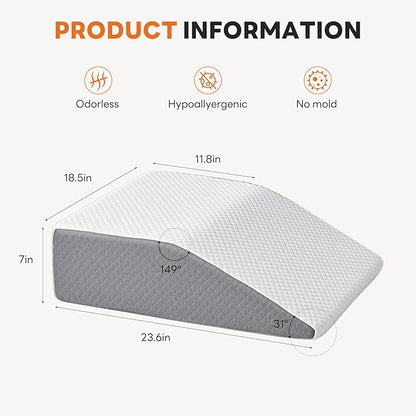 Sweetcrispy Wedge Pillow, Body Pillow for Sleep Apnea, Neck Pain Relief, Post Surgery, Sleeping Comfort, Acid Reflux, Heartburn, Back Pain Relief and Snoring, 7Inch, White& Grey