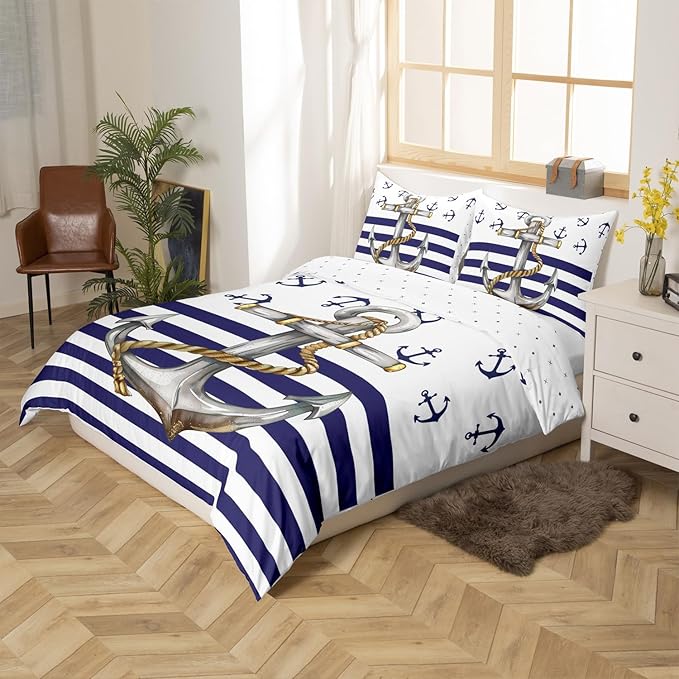 Castle Fairy Anchor Comforter Cover Queen Size, Blue Ocean Navigation Theme Print Duvet Cover Set for Children Bedroom Present, Dark Blue and White Stripes Decorative Bedding Set with 2 Pillowcases