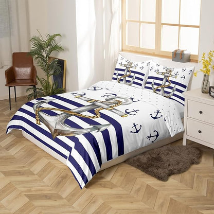Castle Fairy Anchor Duvet Cover Full Size, Blue Ocean Navigation Theme Print Comforter Cover for Girls Teens Bedroom Present, Dark Blue and White Stripes Decorative Bedding Set with 2 Pillowcases