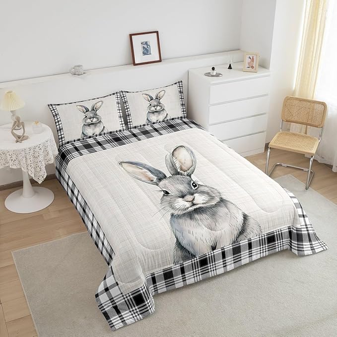 Cute Rabbit Pattern King Size Comforter Set,Kids Black White Grid Stripes Decor All Season Bedding Set,Teens Lovely Animal Comforter,Girls Rabbit Pattern Decor Quilt Set Bedroom Collection 3Pcs