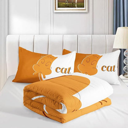 Orange Cat Comforter Set Cartoon Animal Printed Bedding Set with 1 Comforter and 2 Pillowcases for Boys and Girls Bedroom All Season(Cat Twin)