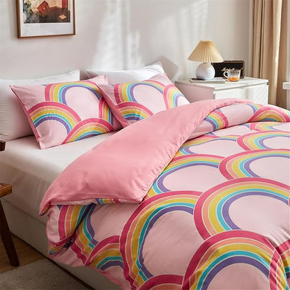 Pink Girls Twin Comforter Set, Glow in The Dark 3 Pieces Rainbow Comforter with 2 Pillowcases, Soft Microfiber Girls Twin Bedding Set for Kids Teens Washable Lightweight All Season Use