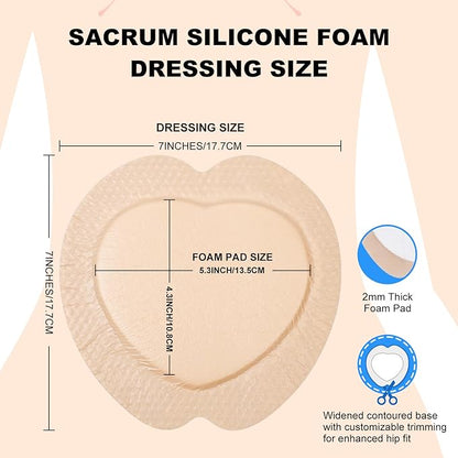 Sacral Foam Dressing, Sacrum Silicone Foam Dressing with Border, 7x7 Large Bandage for Bed Sores On Buttocks, Super Absorbent Pressure Sore Prevention Pads, Waterproof & Breathable Wound Dressing (10)