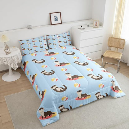 Cartoon Otter Kids Bedding Set,Colorful Ball Surfboard Summer Theme Comforter Set for Boys Girls Teens,Cute Kawaii Wild Animals Down Comforter with 2 Pillowcases King Size 3 Pcs