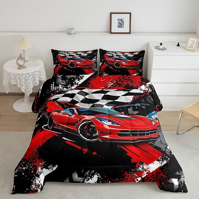 Feelyou Car Bedding Set for Boys Toddler Size Racing Sports Car Comforter Kids Extreme Sports Theme Comforter Set Girls Children Bedroom Teens Cool Speed Automobile Decor Bed Duvet Set Lightweight