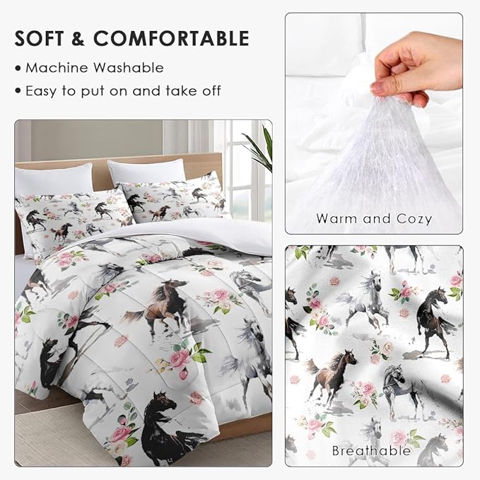 Twin Size Comforter Set with Pillowcase, Horses Soft 2 Pcs Bedding for Kids and Adults, Pink Rose Flower Comforter Set for Room Bedroom Bed Decor