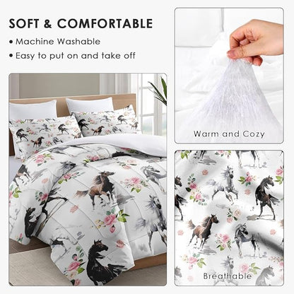 Twin Size Comforter Set with Pillowcase, Horses Soft 2 Pcs Bedding for Kids and Adults, Pink Rose Flower Comforter Set for Room Bedroom Bed Decor