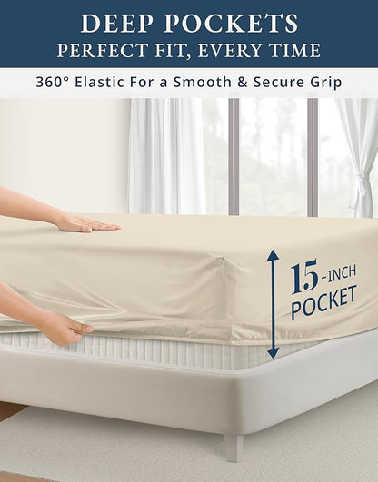 LANE LINEN 100% Egyptian Cotton King Size Sheets Set, Soft & Comfy Luxury Hotel Style Thick Deep Pocket King Sheet Set, No Pill Natural Cooling Elegant, 15" Deep Pocket - Summer Sand