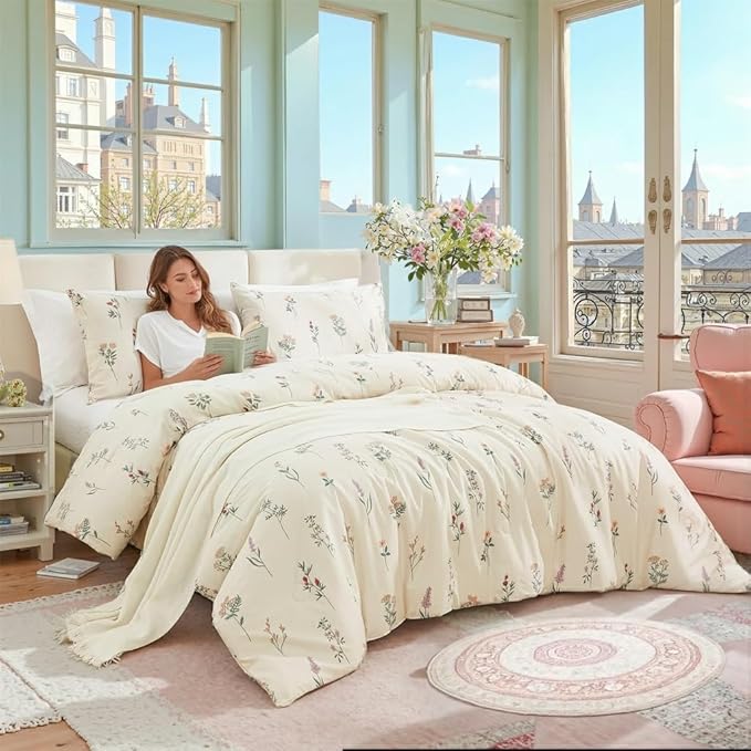 Cream Duvet Cover Set King Size 100% Washed Cotton Linen Like Textured Comforter Cover 3 Pcs Luxury Soft and Breathable Floral Duvet Cover with Zipper Closure