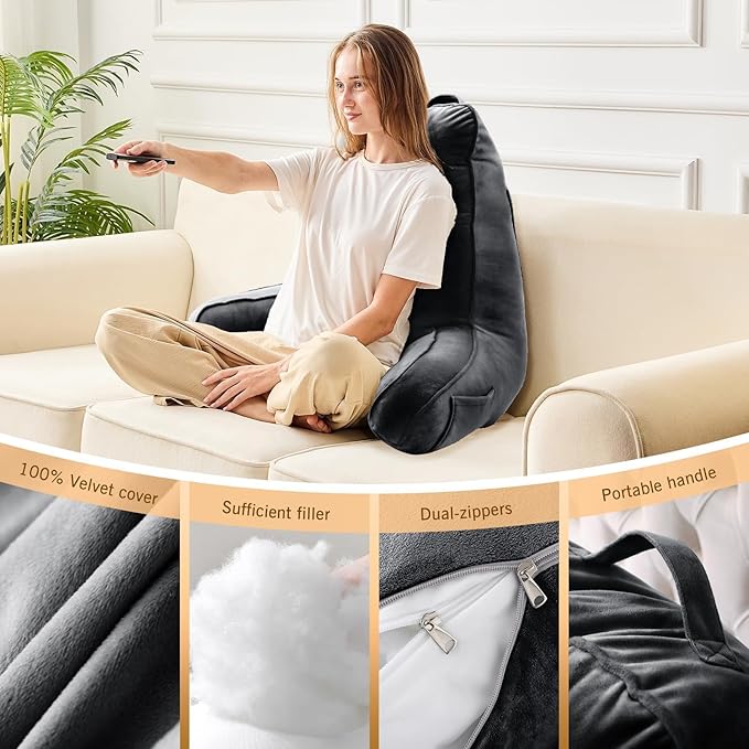 Sasttie Reading Pillow for Bed - 23 Inch, Back Pillow for Bed Sitting Up, Back-Rest Support Cushion with Side Pockets and Arms, Dorm Essentials, Oeko-Tex Certified, Black