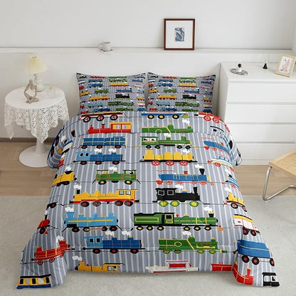 Erosebridal Boys Comforter Set Toddler Size Train Bedding, Colorful Steam Engine Truck Bedding Comforter Sets for Kids Girls Toddler Train Transportation Quilted Duvet 2Pcs,Gray, Blue, Red, Yellow