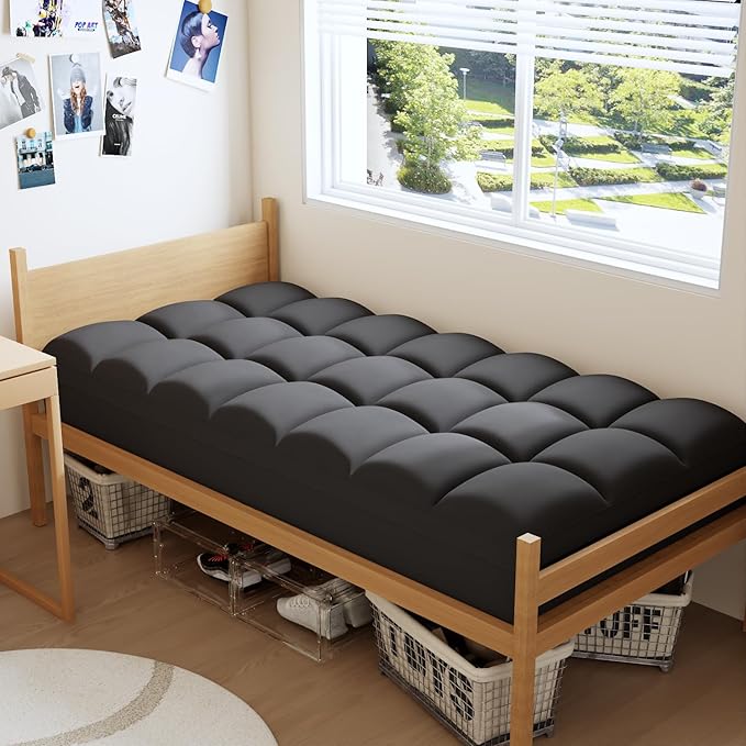 Topllen Twin XL Mattress Topper for Back Pain Relief, Extra Thick Pillow Top Plush Mattress Pad with Deep Pocket, Soft Pillowtop TwinXL Size Bed Toppers Filled Fluffy, College Dorm, Black