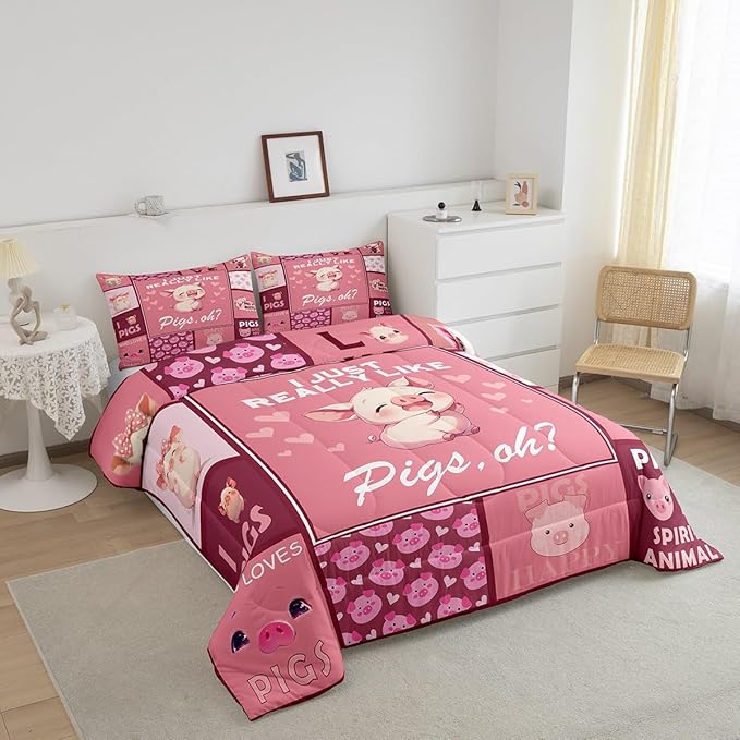 Pink Pigs King Size Comforter Set,Kids Cute Pig Pattern Decor All Season Bedding Set,Teens Animals Grid Printing Comforter,Girls Lovely Pink Decor Quilt Set Bedroom Collection 3Pcs