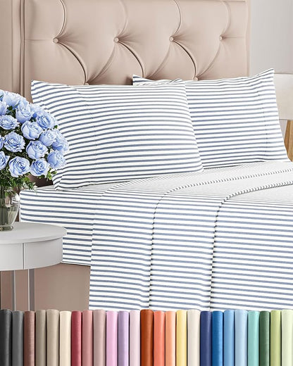 Twin 4 Piece Sheet Set - Comfy Breathable & Cooling - Soft Hotel Luxury Bedding Set with 8-16 Inch Deep Pockets - 1 Flat & 1 Fitted Sheet & 2 Pillowcases - Wrinkle Free & Easy Care - Blue Stripes 2