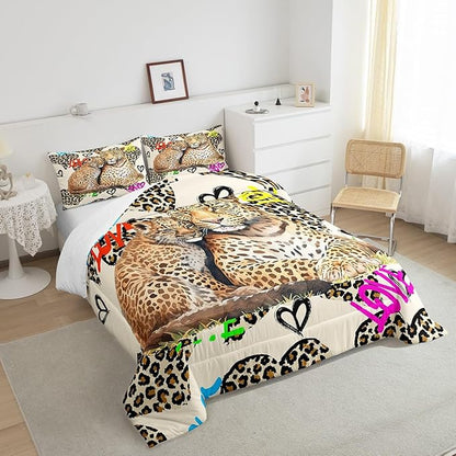 Leopard Comforter Set King Size,Family Cheetah Bedding Set 3pcs for Kids Teens Boys Room Decor, Africa Wild Animals Quilt Set Fashion Watercolor Graffiti Heart Duvet Insert with 2 Pillowcases