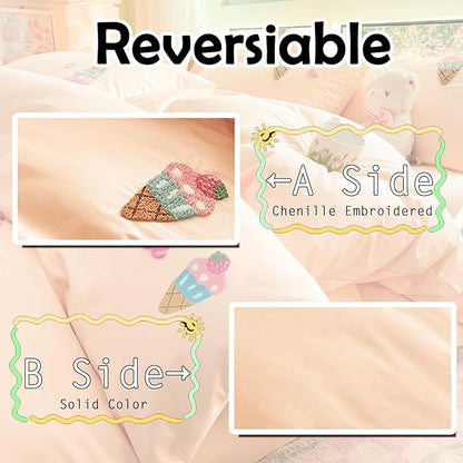 MorroMorn Cotton Duvet Cover Queen Size, Peach Pink Bed Set 3D Embroidery Bedding Sets All Seasons, Chenille Embroidered Comforter Covers Blanket for Girls Kids Teen (Ice Cream Cones, Full/Queen)