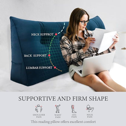 8 lbs Thickened Twin Wedge Pillow Headboard College Dorm Bed Velvet Wedge Pillow Backrest Triangular Headboard Pillows with Side Pocket, Dorm Bedding Essentials for Girls & Boys, Blue