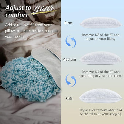 BETU Cooling Pillows Standard Size Set of 4, Shredded Memory Foam Bed Pillows, Adjustable Firm Support Cool Pillow for Neck Pain and Side Sleeping, White