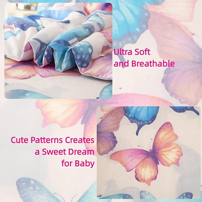 SDIII 4 Piece Butterfly Toddler Bedding Set, Soft Butterfly Toddler Bedding Sets for Girls with Comforter, Fitted Sheet, Flat Sheet and Pillowcase