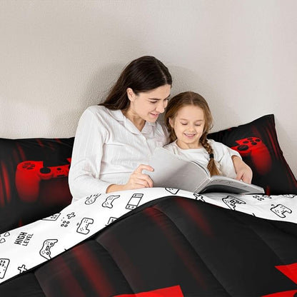 Feelyou Boys Gamer Comforter Set - Toddler Size Gaming Bedding Set for Kids & Teens - Super Soft Red & Black Bed Set with Geometric Duvet & Quilted Gamer Gift
