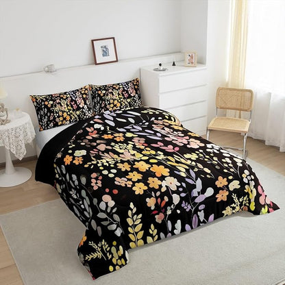 Erosebridal Boho Yellow Flower Comforter Set Full Size for Girls Women,Cute Colorful Flowers Bedding Set Rustic Decor for Bedroom,Watercolor Floral Quilt Bed Set Wildflower Bed Comforter Set 3Pcs