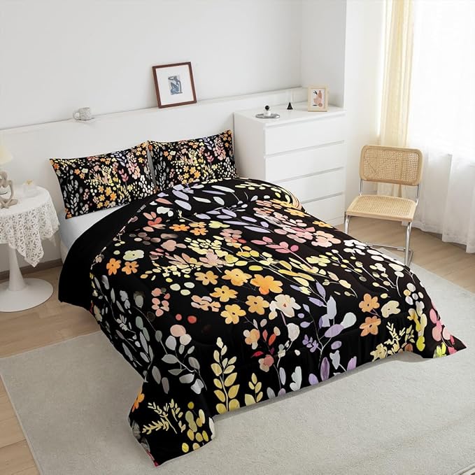 Erosebridal Boho Yellow Flower Comforter Set King Size for Girls Women,Cute Colorful Flowers Bedding Set Rustic Decor for Bedroom,Watercolor Floral Quilt Bed Set Wildflower Bed Comforter Set 3Pcs
