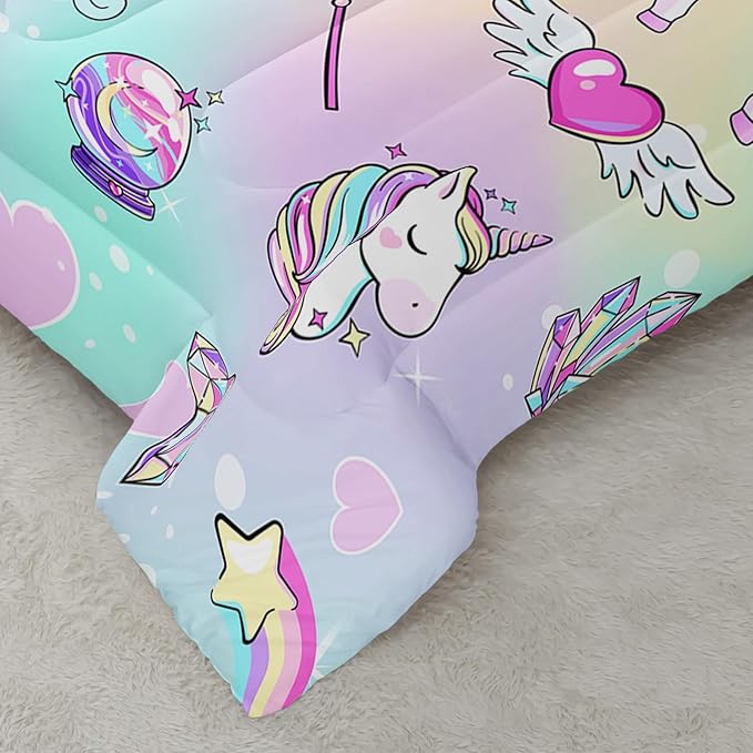 Kawaii Unicorn Bedding Set for Girls Kids Queen Size, Pink Colorful Comforter Set for Girls Bedroom Recor with 2 Pillowcases
