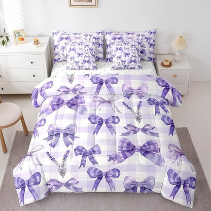 Feelyou Purple Bowknot 7 Piece Bedding Set Lavender Flower Comforter Set with Sheets for Kids Boys Girls Purple Stripe Bed in a Bag Princess Theme Bed Set Soft Lightweight