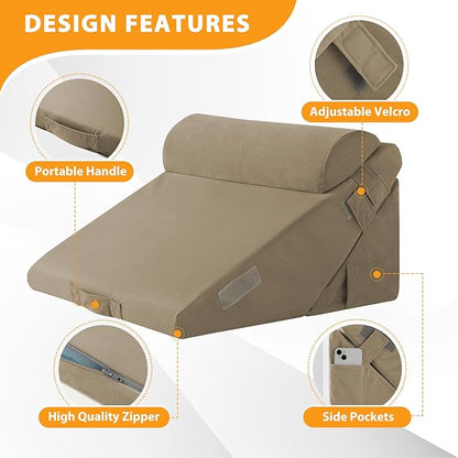 3PCS Wedge Pillow Set for After Surgery, Adjustable 9&12 Inch Bed Wedge Pillow for Sleeping, Incline Pillow Wedge for Headboard, Post Surgery, Acid Reflux, Neck&Back Support, Plush Brown