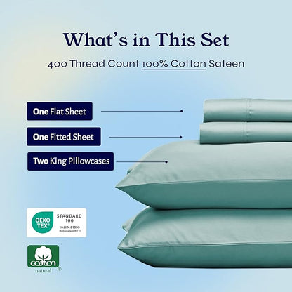 California Design Den King Size Sheets Set - 400 Thread Count Sateen, Natural 100% Cotton Sheets with Deep Pockets, Breathable, and Durable Bedding Set - Teal