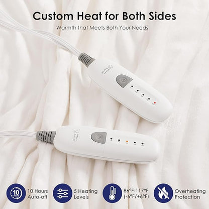 Queen Electric Blanket Dual Control Heated Blanket - Soft Warm Flannel Electric Blanket with 5 Heating Level & 10 Hour Auto Off, ETL Certified & Machine Washable for Grandma Gifts(Cream White)