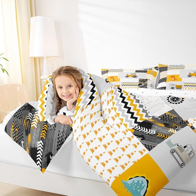 Feelyou Construction Comforter Set Full Size Kids Cartoon Car Excavator Tractor Toddler Comforter Equipment Trucks Plaid Grid Yellow Comforter Set Construction Vehicles Duvet Set Quilt Set