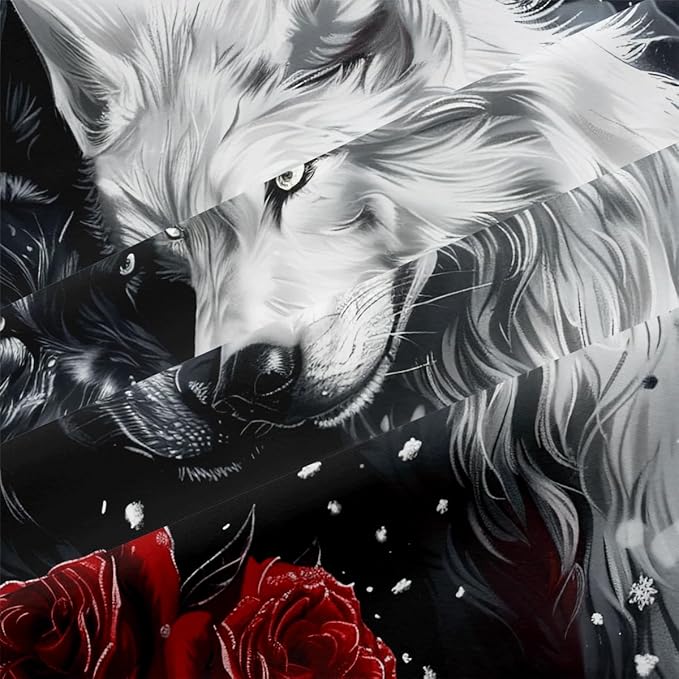 Kids Teens Bedding Cover Set Twin Size 3 Pieces Soft Cozy Comforter Cover Set Vibrant Black and White Colors Wolf Print Red Rose Design Microfiber Duvet Cover Set,Twin