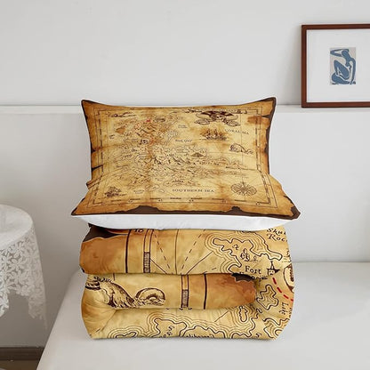 Feelyou Nautical Island Map Soft Comforter Set Kids Vintage Old Map Pirate Ship Bedding Set Ocean Ancient Pirate Skull Quilt Set Decor Bedroom Collection 2Pcs Twin Size