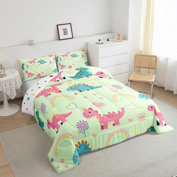 Castle Fairy Kawaii Dino Bedding Sets Full Size,Cute Rainbow Floral Love Heart Reversible Down Comforter Breathable Polyester Quilt Set,Pink Green Dinosaur Lovely Animal Duvet Insert,2 Pillowcases