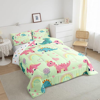 Castle Fairy Kawaii Dino Bedding Sets Full Size,Cute Rainbow Floral Love Heart Reversible Down Comforter Breathable Polyester Quilt Set,Pink Green Dinosaur Lovely Animal Duvet Insert,2 Pillowcases