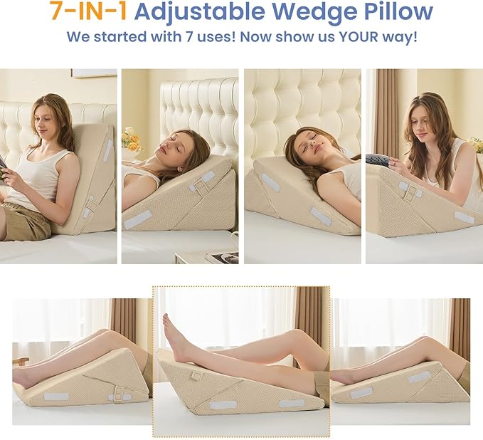 Sasttie Wedge Pillow for After Surgery, Adjustable Bed Wedge Pillow Headboard for Acid Reflux, Sleeping, Neck & Back Support, with Removable Cover, Beige