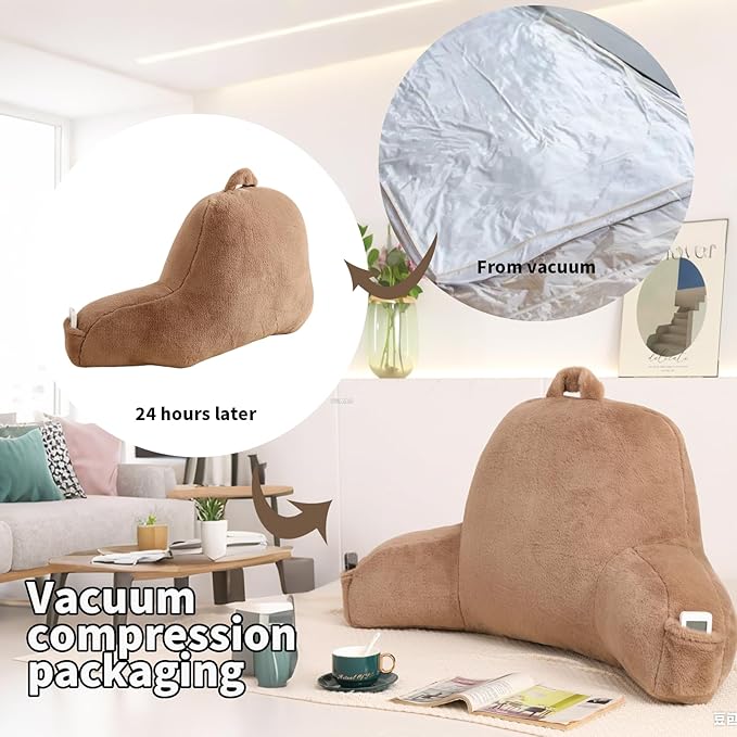 Reading Pillow for Sitting in Bed, Large Backrest Reading Pillow with Arm Rest,Back-Rest Support Cushion for Sit Up on Couch, Sofa, and Floor, Dorm Essentials (Khaki Faux Fur, Standard(17"))
