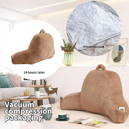 Reading Pillow for Sitting in Bed, Large Backrest Reading Pillow with Arm Rest,Back-Rest Support Cushion for Sit Up on Couch, Sofa, and Floor, Dorm Essentials (Khaki Faux Fur, Standard(17"))