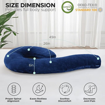 Body Pillow for Adults - Soft Long Bed Pillows Insert for Sleeping - Shredded Memory Foam and Removable Washable Cover - Swan Shaped Side Sleeper Pregnancy Pillow 49 Inch (Blue)