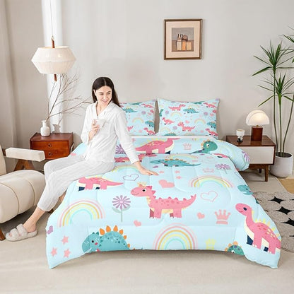 Kawaii Dino Kids Comforter Set Twin Size,Cute Rainbow Floral Love Heart Reversible Bedding Set for Teens Bedroom,Blue Pink Dinosaur Cartoon Animal Quilted Duvet with 1 Pillowcase