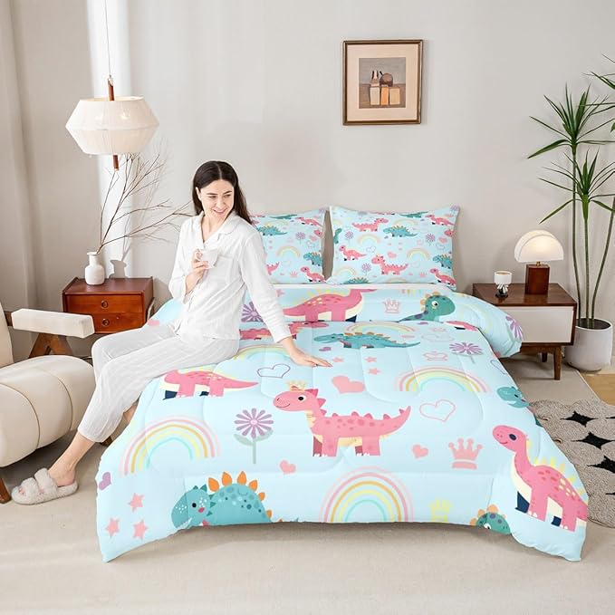Kawaii Dino Full Size Comforter Set,Cute Rainbow Floral Love Heart Reversible Bedding Set Bedroom Collection,Blue Pink Dinosaur Cartoon Animal Soft Quilted Duvet for Girls Teens