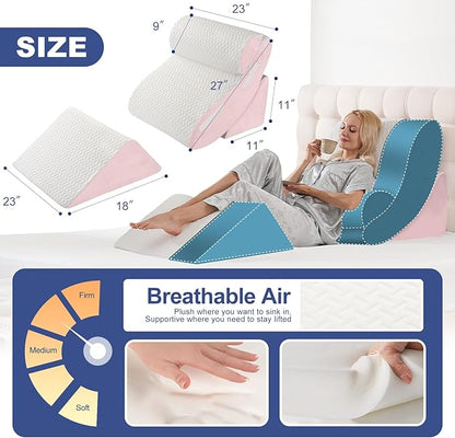 4PC Geriatric Wedge Pillow System - Elderly Bed Wedges for Sitting/Sleeping, Post Surgery Body Positioner with Non-Slip Base (Ideal for Seniors & Pregnancy), White Pink